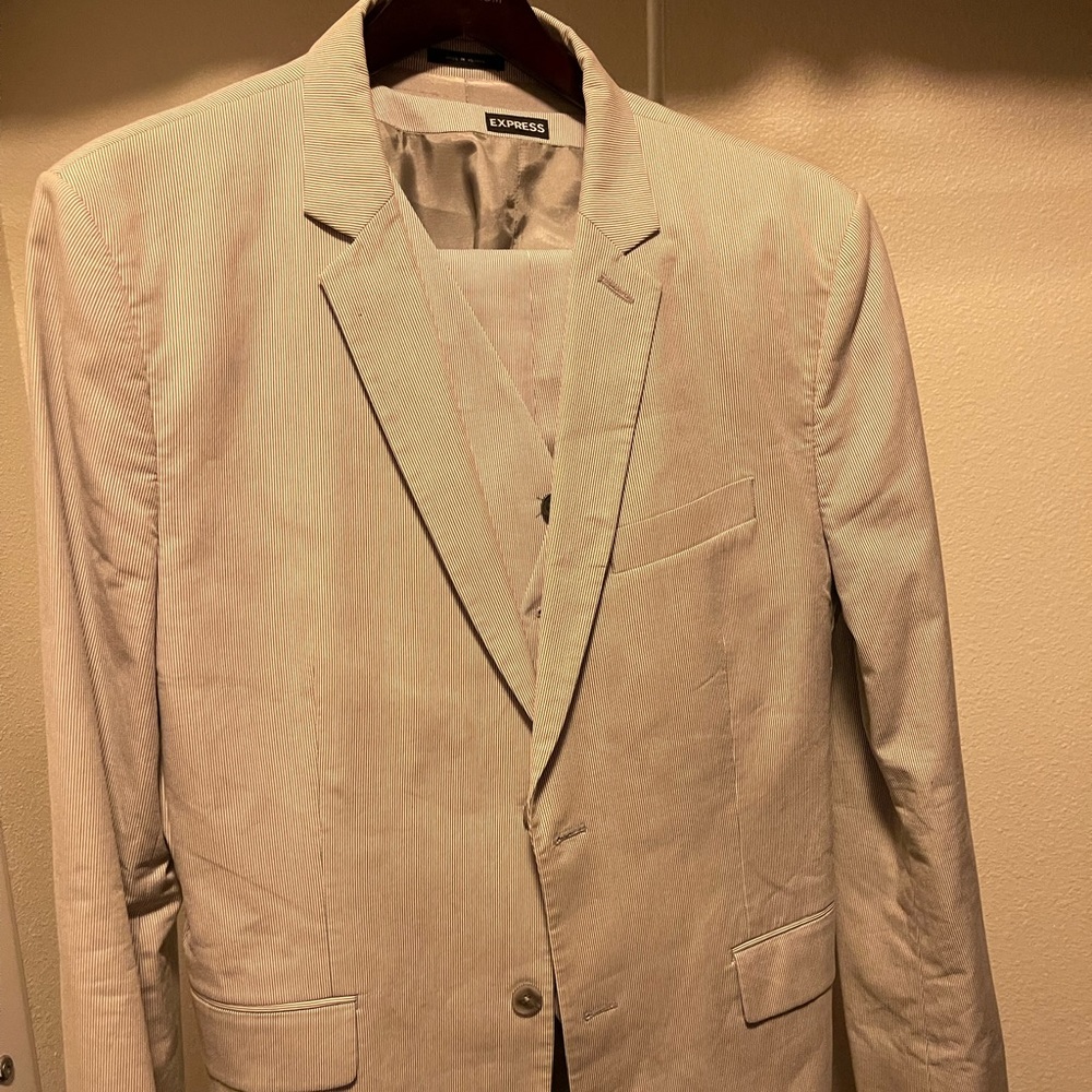 Three piece mens suit, grey with lite pinstripes from Express